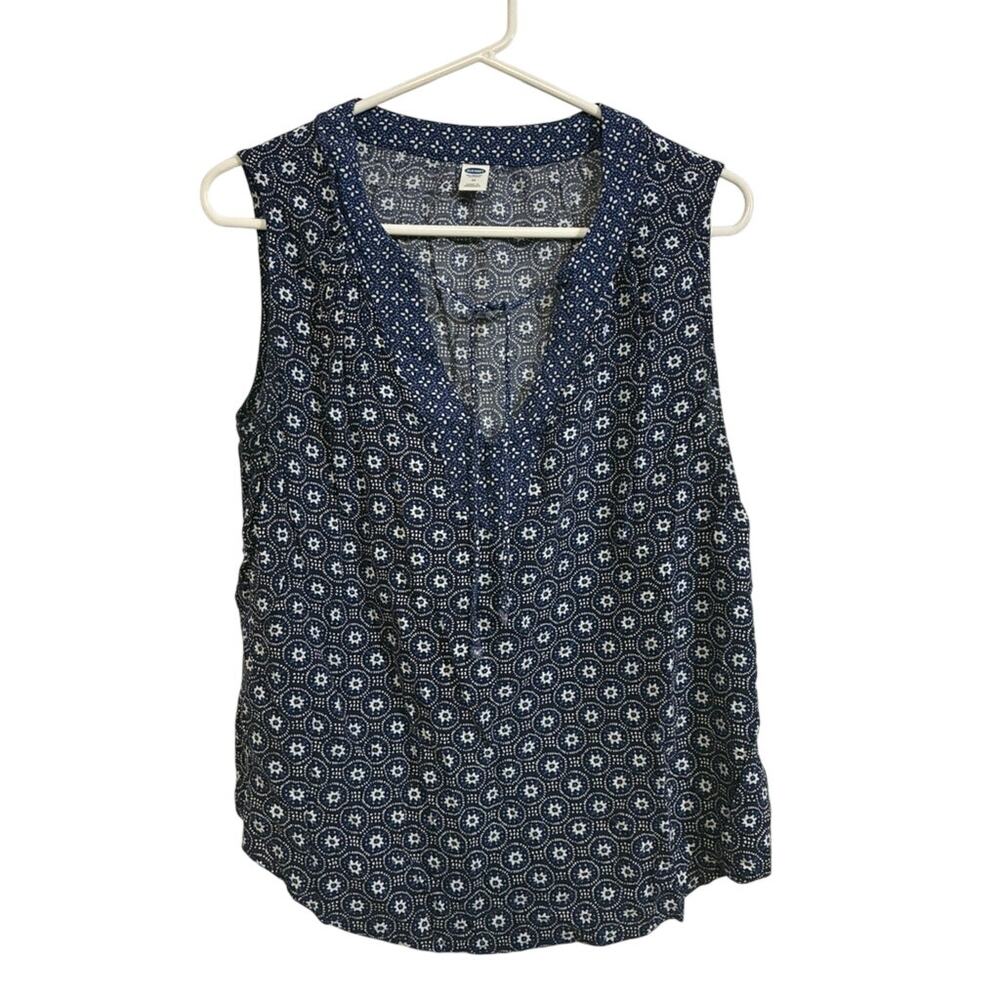 Old Navy Sleeveless Tank Top Medium Blue White Print V Neck Casual